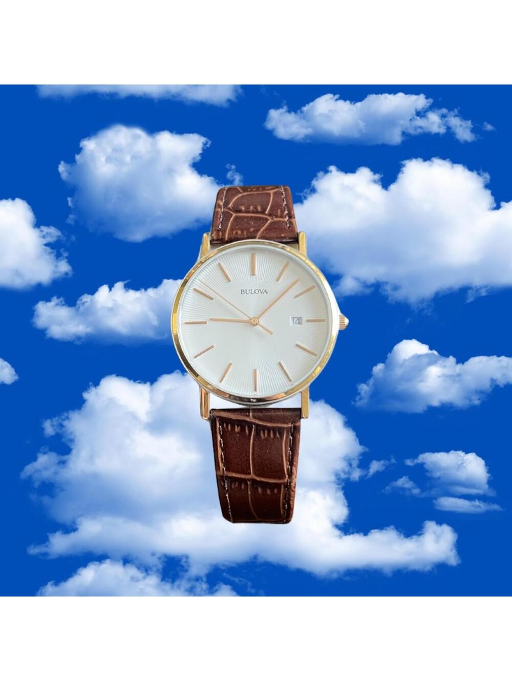 Bulova Gold-Tone Analog Dress Watch with Brown Leather Strap